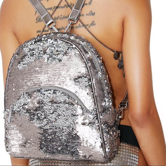 Dolls Kill Handbags - Dollskill sequin silver backpack. CLUBEXX hood